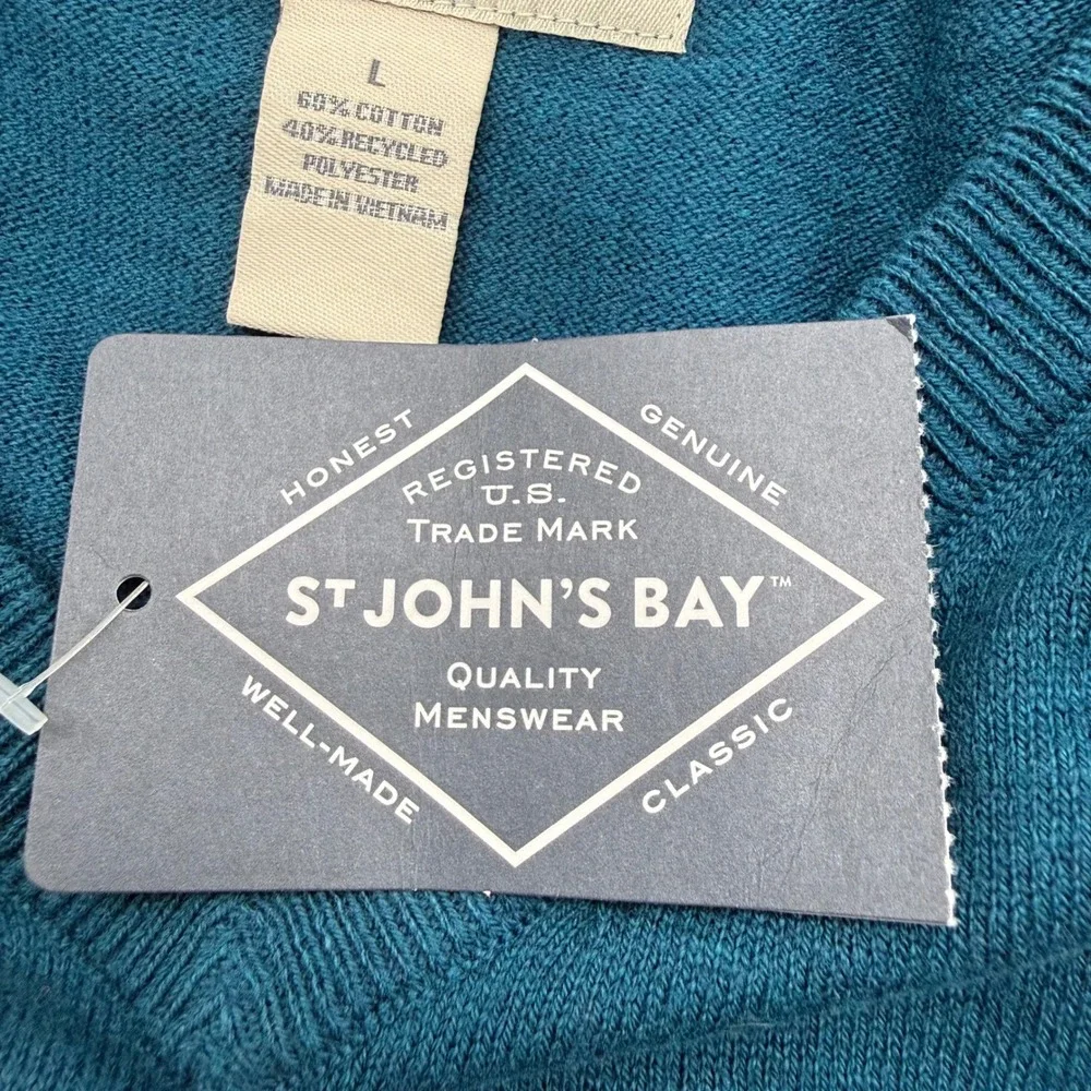 St. John's Bay Sweater Mens L Majolica Blue V-Neck Super Soft Cotton Blend 5602